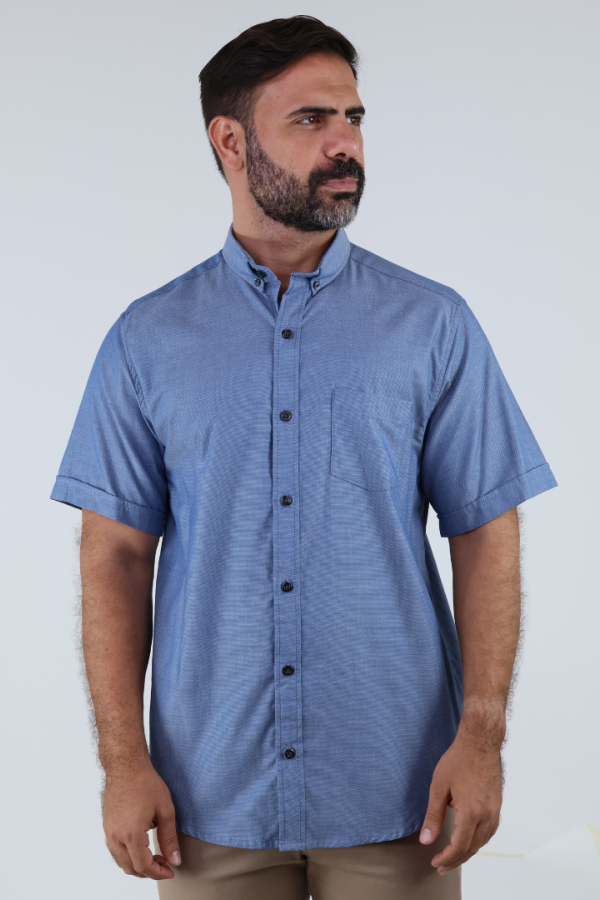 Camisa Formal Manga Corta Azul Jaspe Tela Con Textura para Hombre